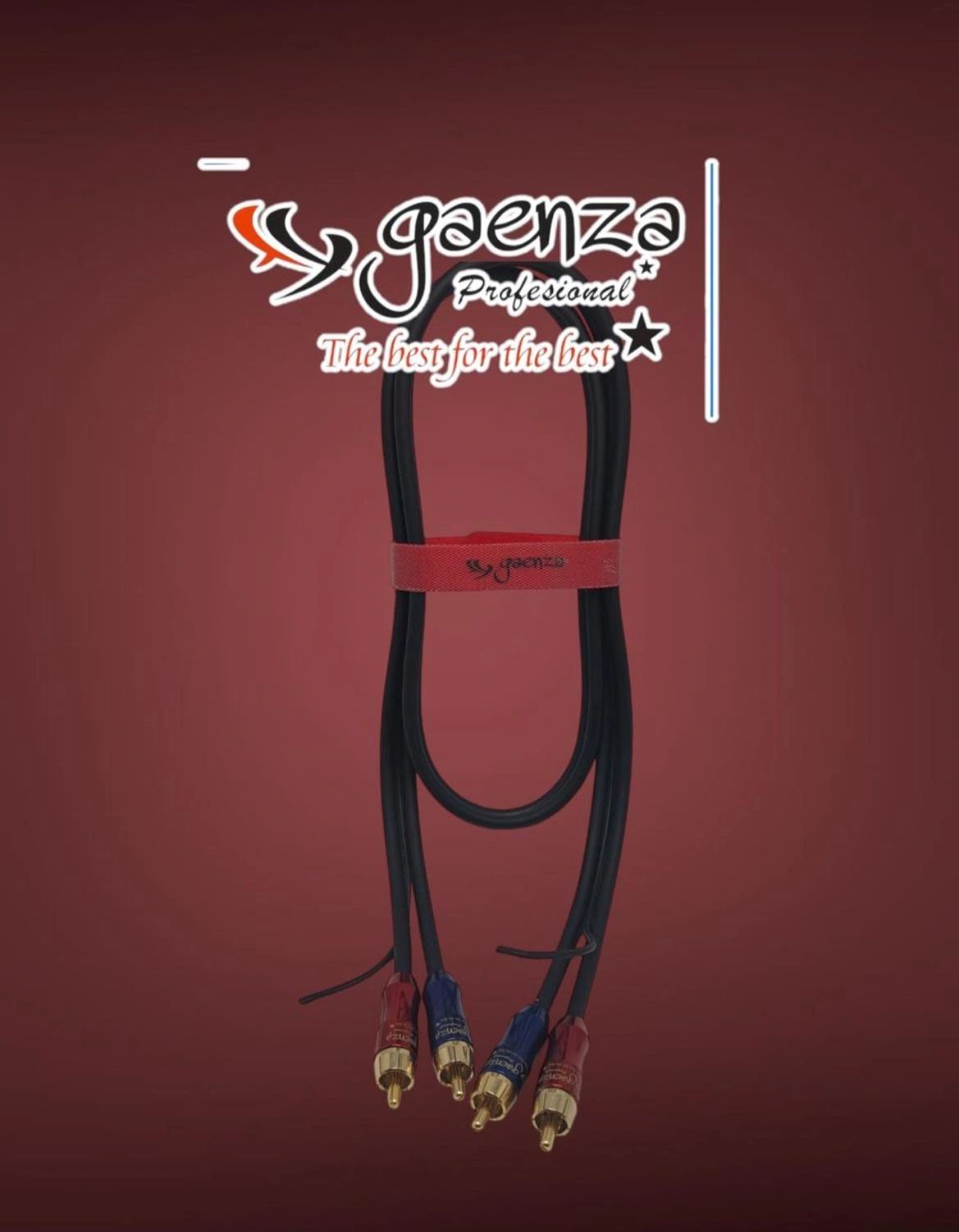 Gaenza professional audio cables with red and blue connectors, branded with a red strap.