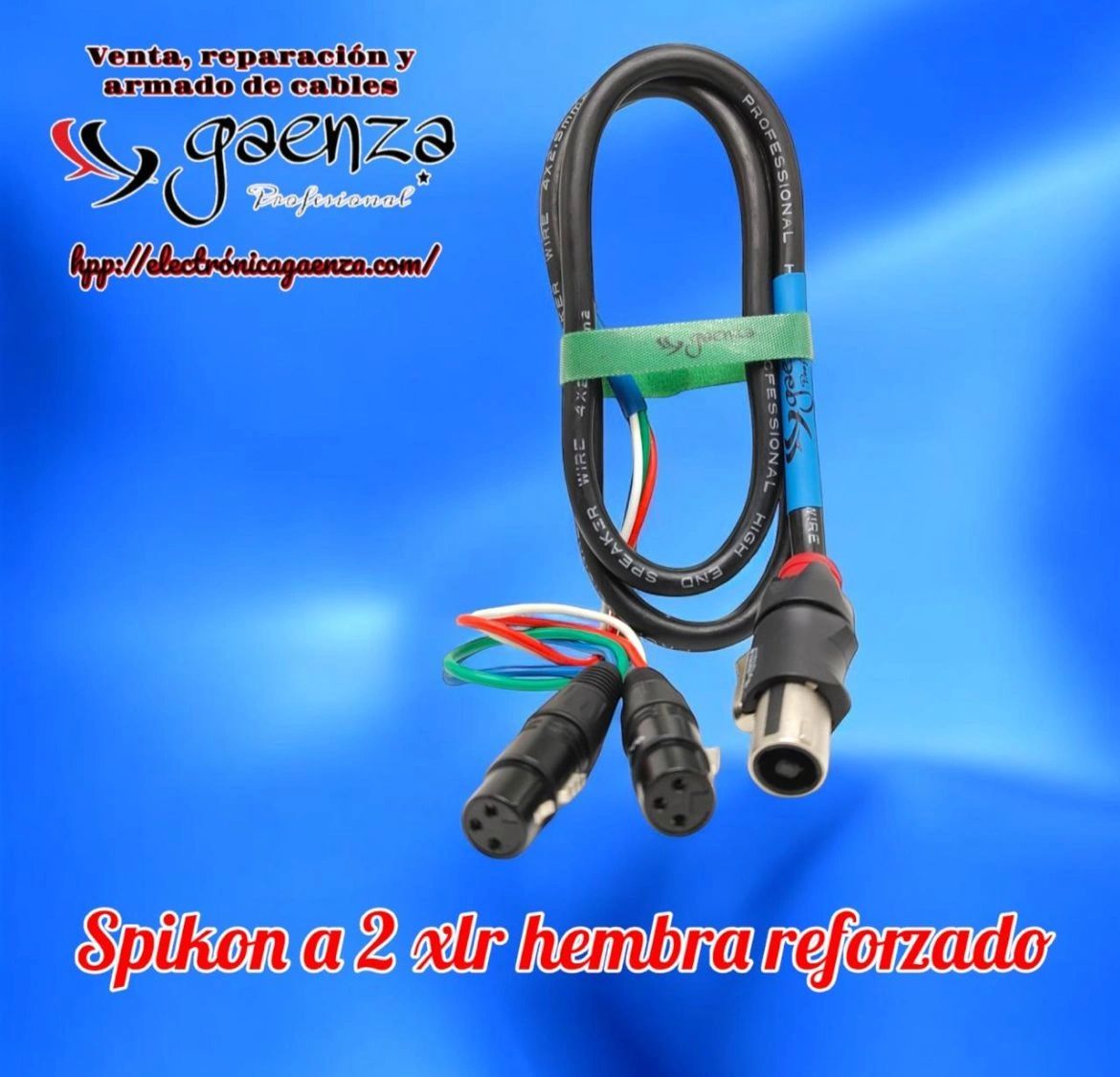 Cable assembly with a reinforced female 2 XLR connectors on a blue background.