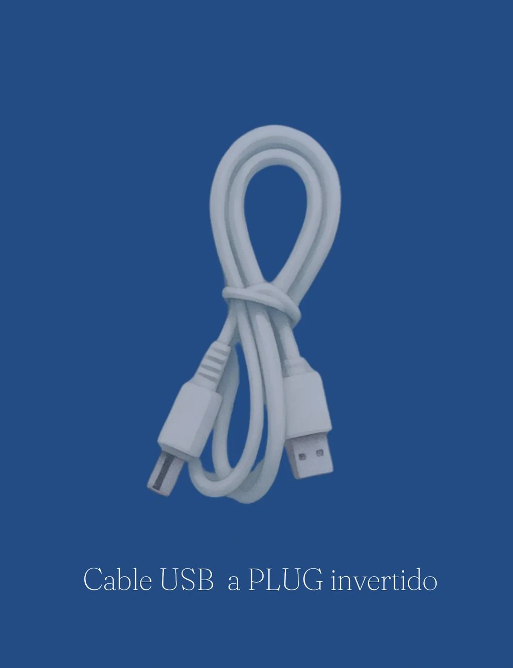 White USB cable with Type-A and mini-USB connectors on a blue background.