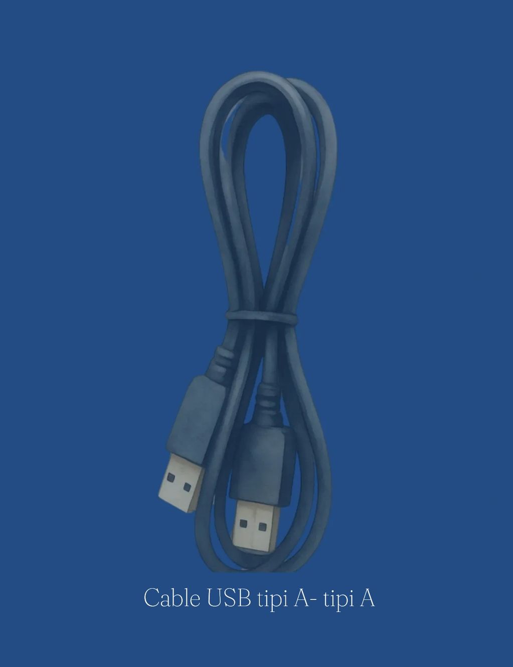 A black USB cable coiled neatly against a blue background.