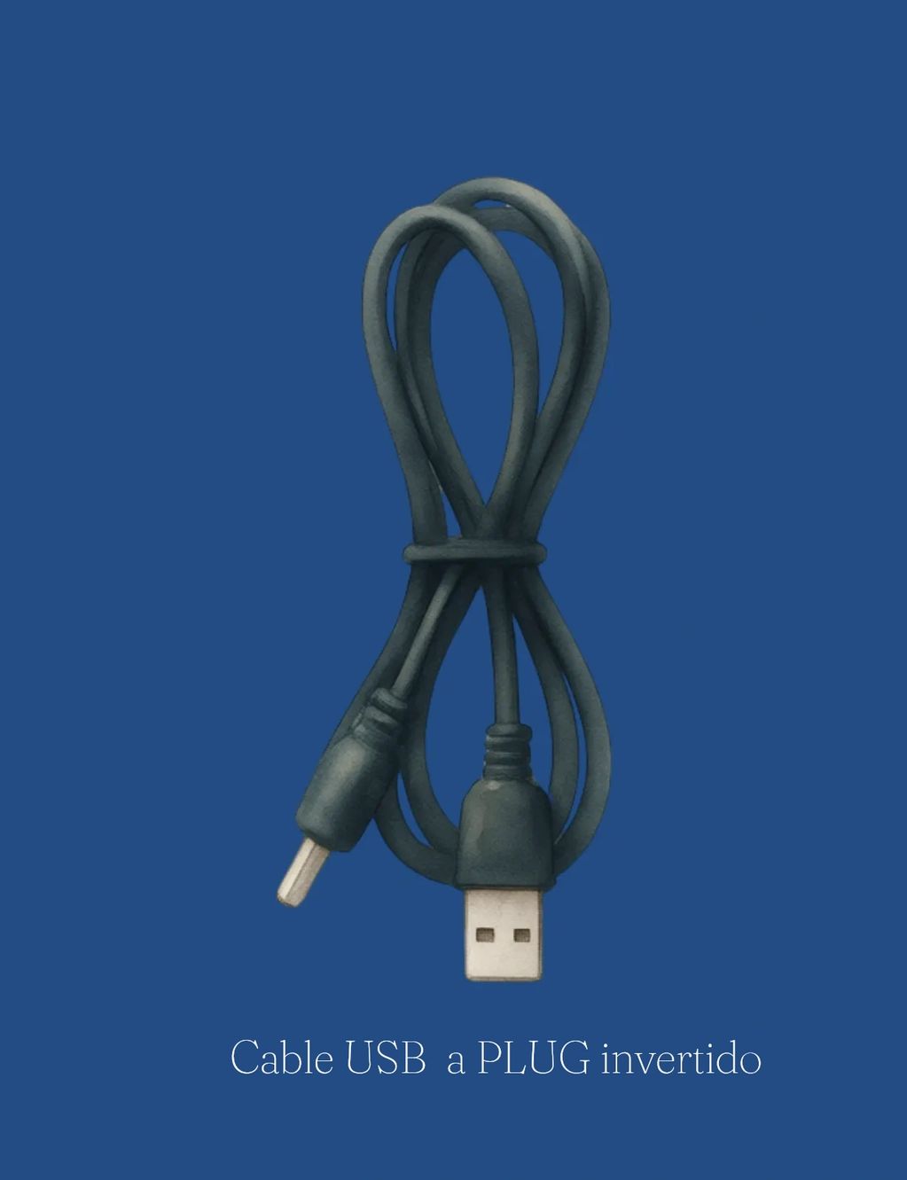 Coiled black USB charging cable on a blue background.