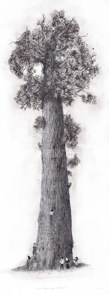 Giant tree with tiny humans. Mixed media. Black & White.