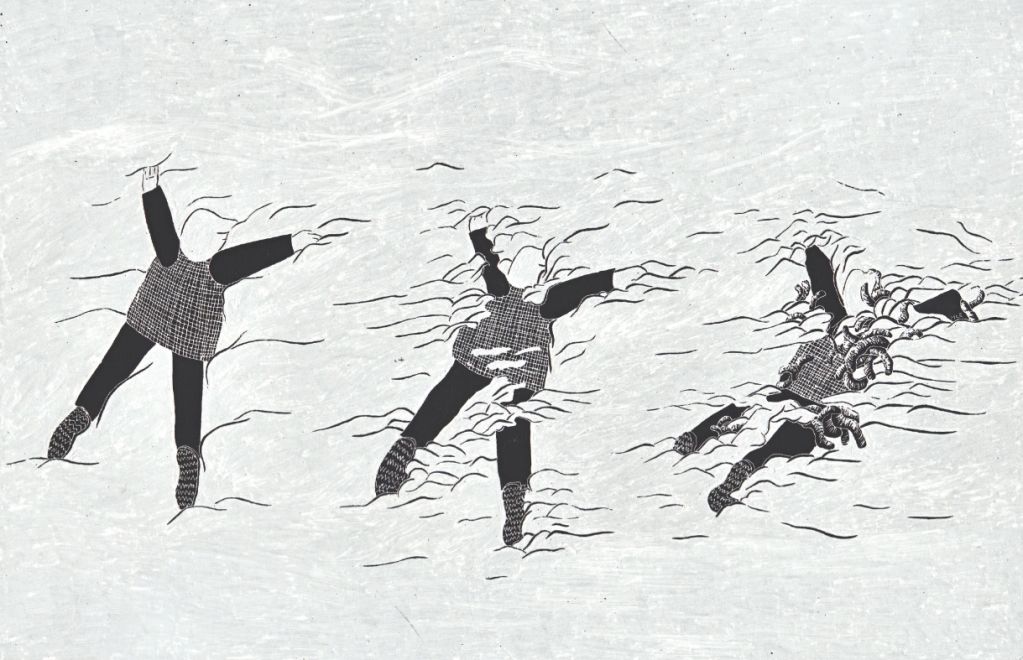 Illustration of a person sinking and turning into roots.