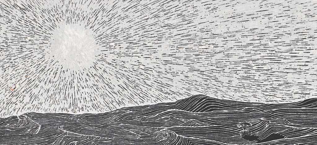 Black and white abstract landscape with radiant sun.