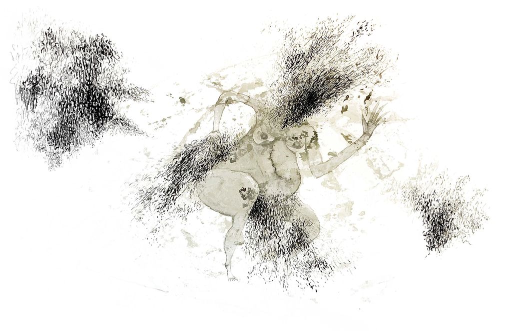 Abstract ink drawing of a figure with textured black patterns.