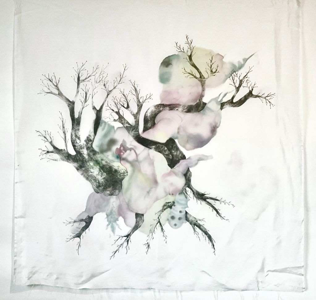 Ink and watercolor abstract tree branches artwork on white canvas.