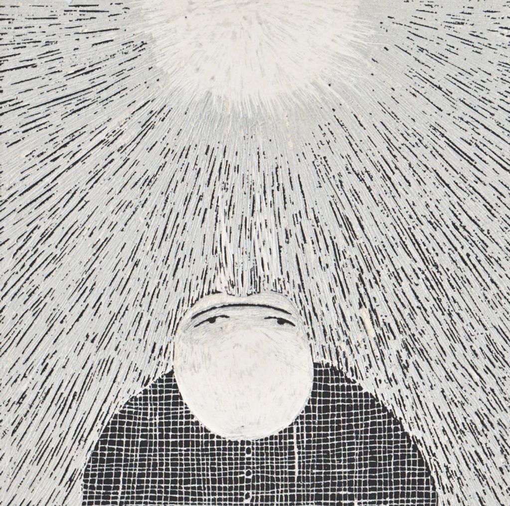 Abstract drawing of a figure with rays radiating from its head.