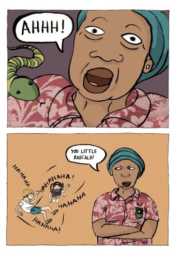 Comic strip - person scared of toy snake.