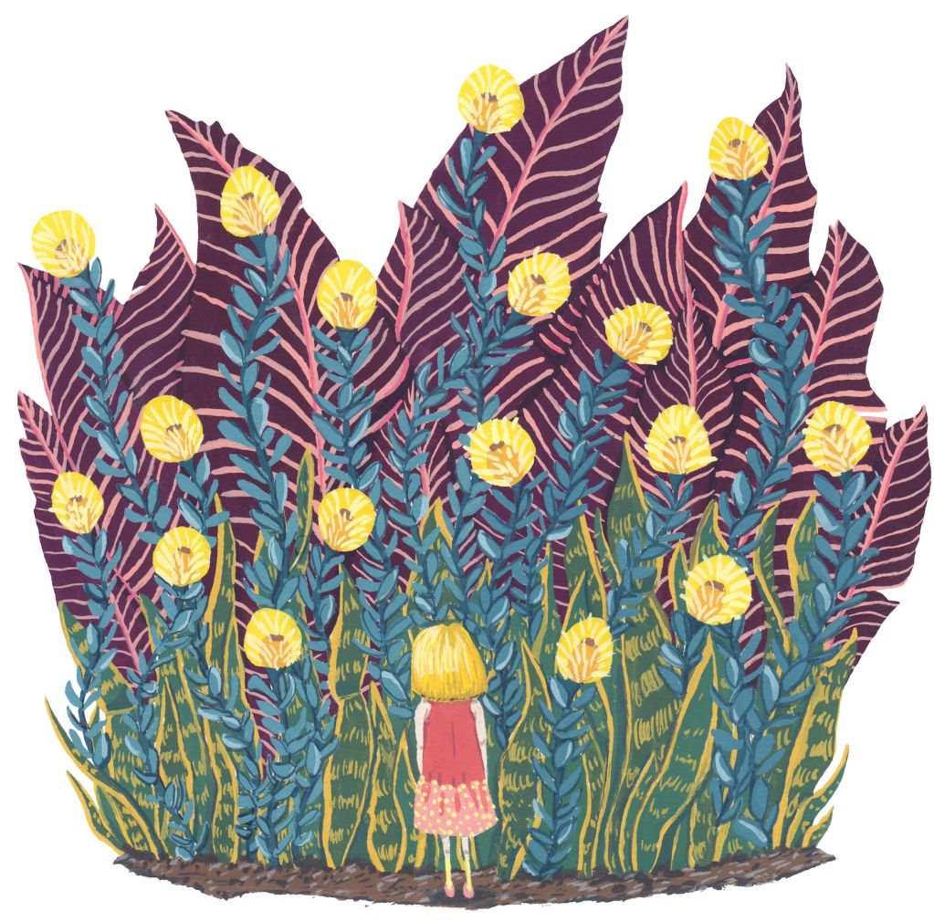 Illustration of a girl standing before giant colorful plants.