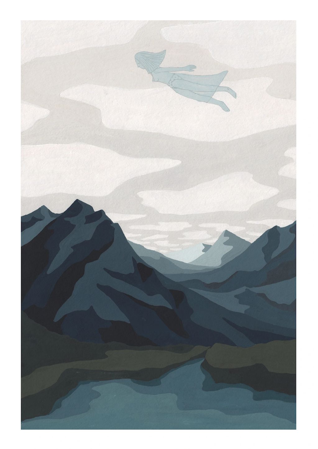 Surreal painting of a woman flying over mountains and a river.