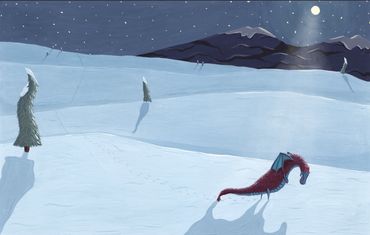 A lonely dragon walks through a snowy landscape.