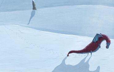A snowy landscape with trees and a mysterious red creature under the moonlight.