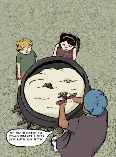 Three people looking into a giant pot/casserole.