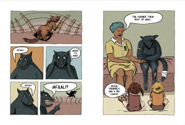Comic strip - person tells story of jackal and wolf with wolf sitting next to her on the bed.