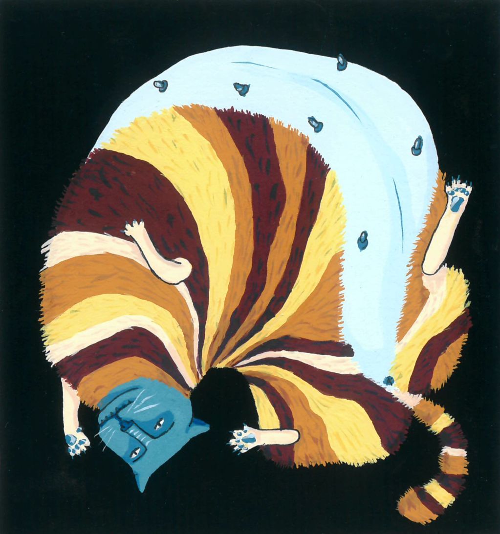 A striped cat with a blue face and paws lying on its back.