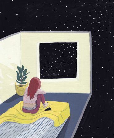 Girl looking through window into empty space.