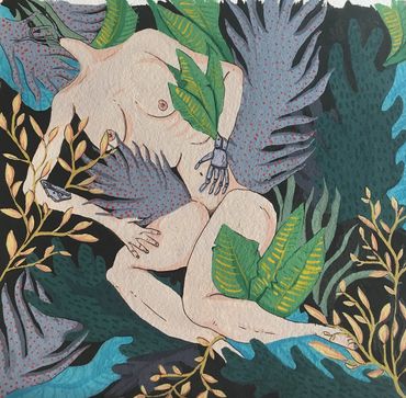 Female body between plants, with technological body parts.