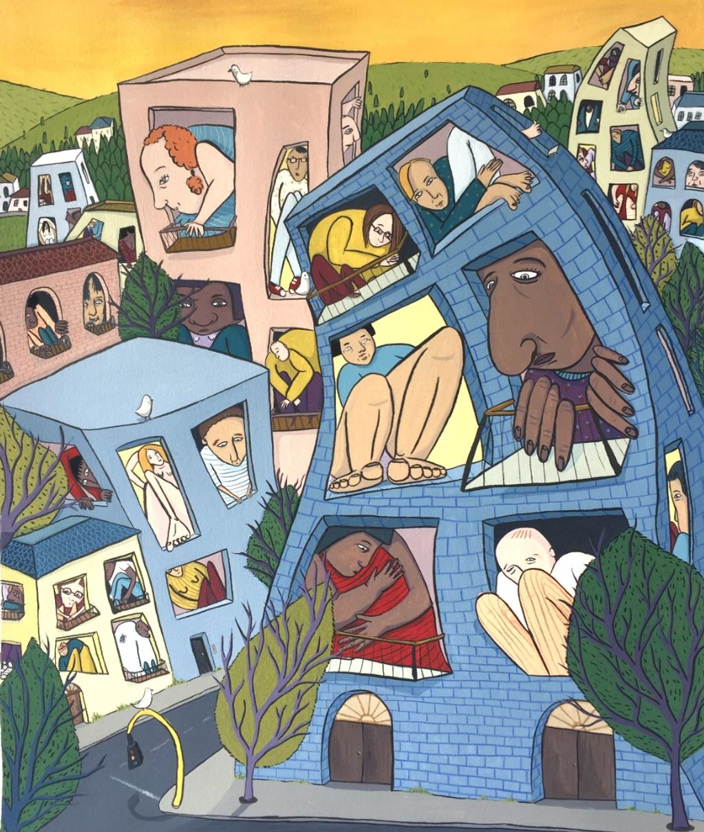 Surreal illustration of distorted buildings with people inside windows.
