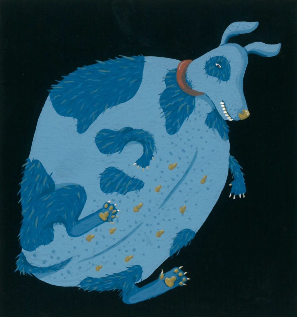 Abstract furry blue dog floating against a black background.