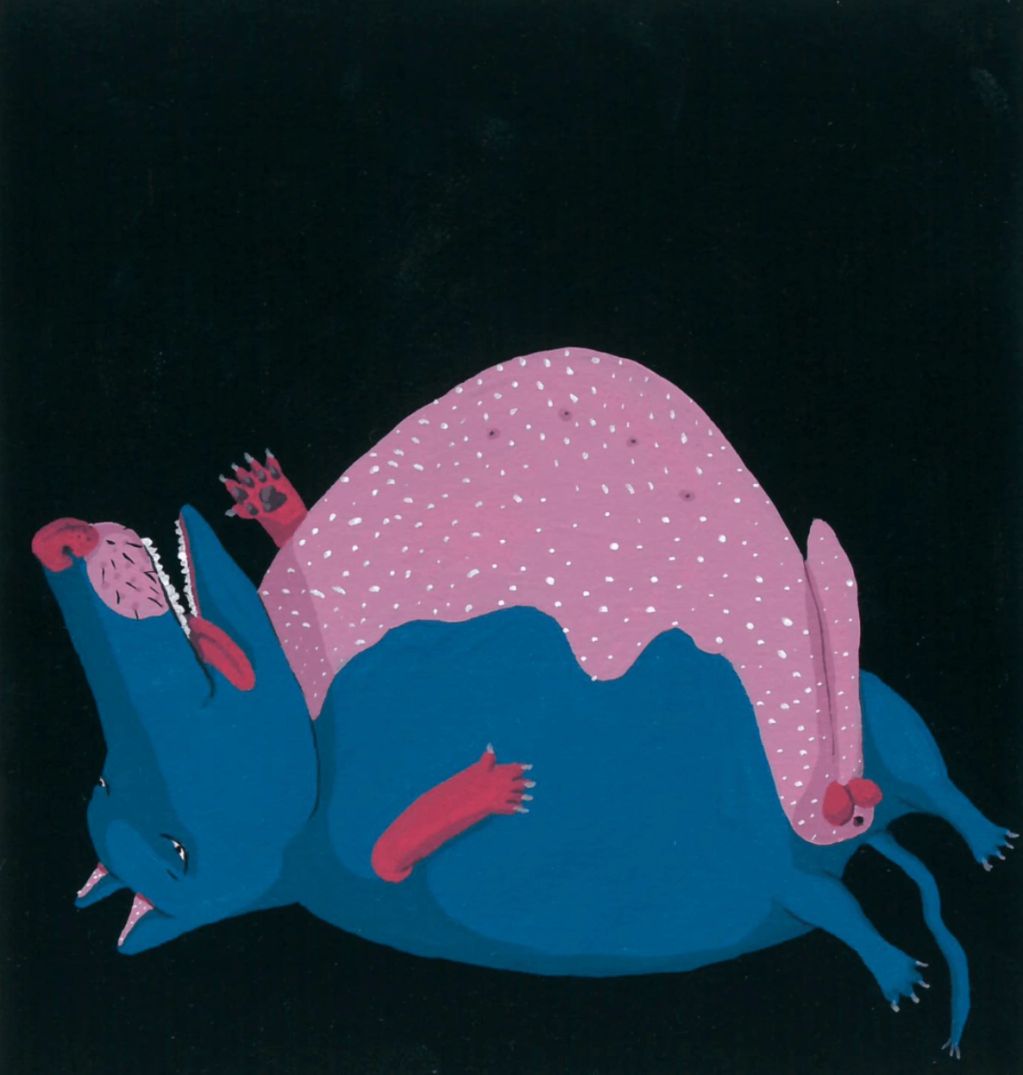 A whimsical blue and pink creature lying on its back against a black background.