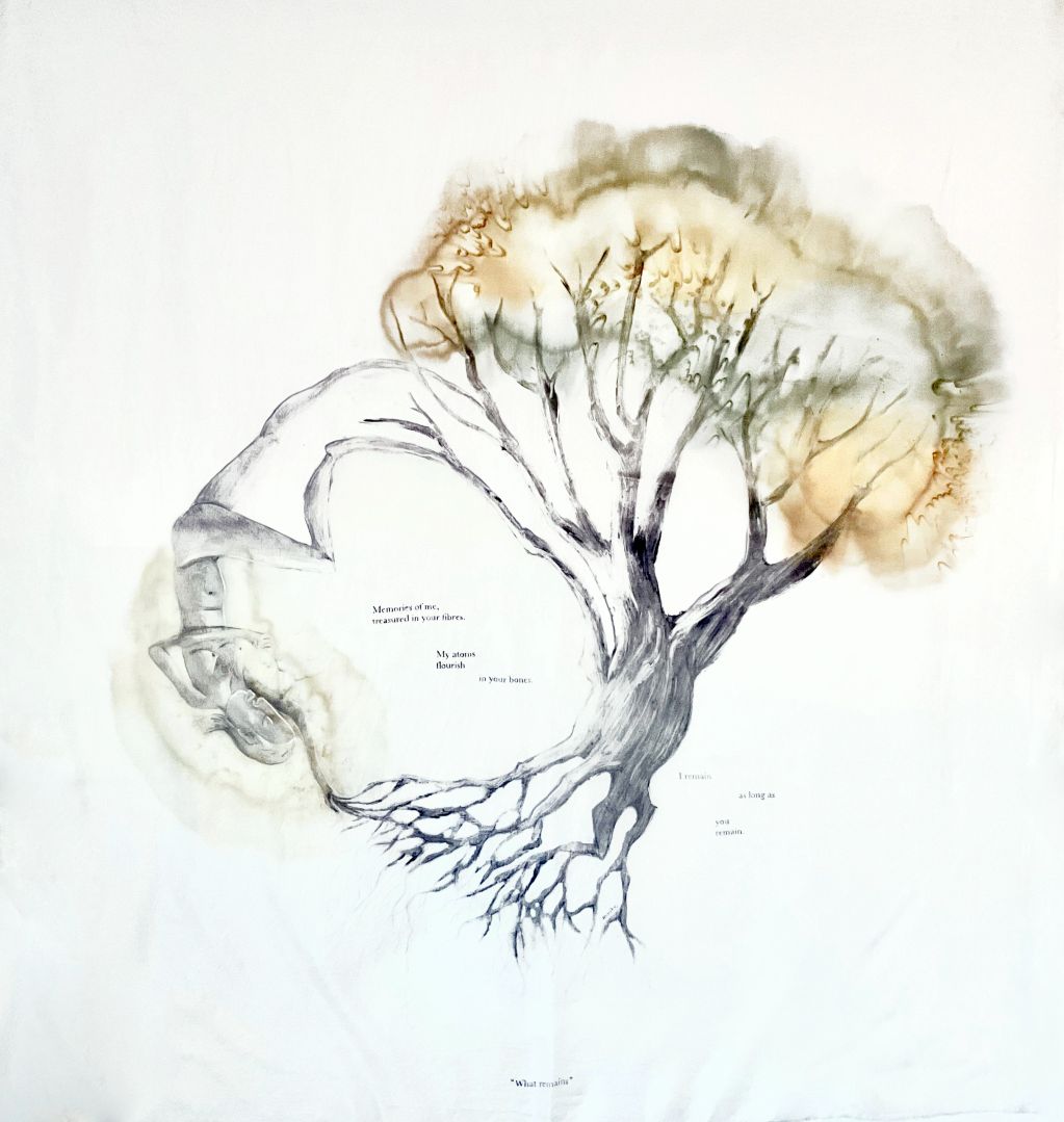 Artistic depiction of a tree with a human figure and poetic text.