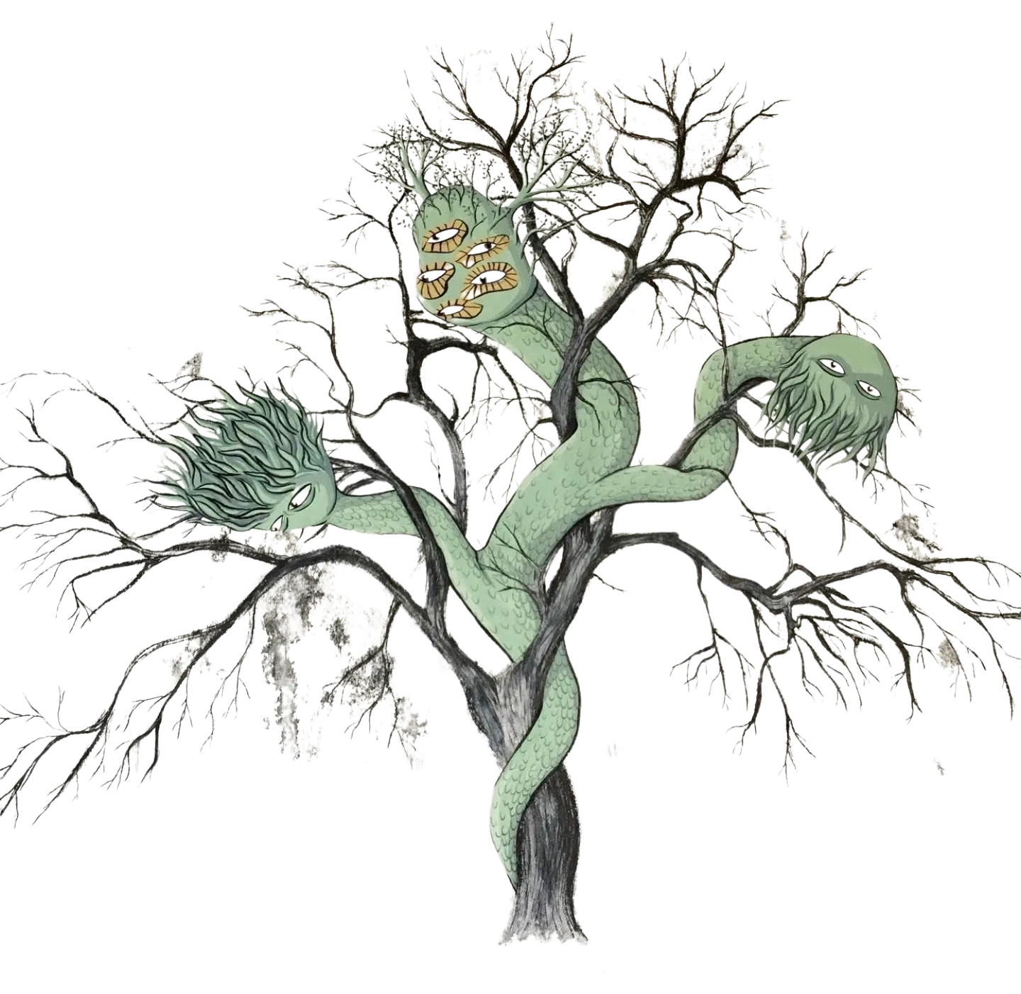 Tree with strange three-headed creature. Gouache, monotype, mixed media illustration.