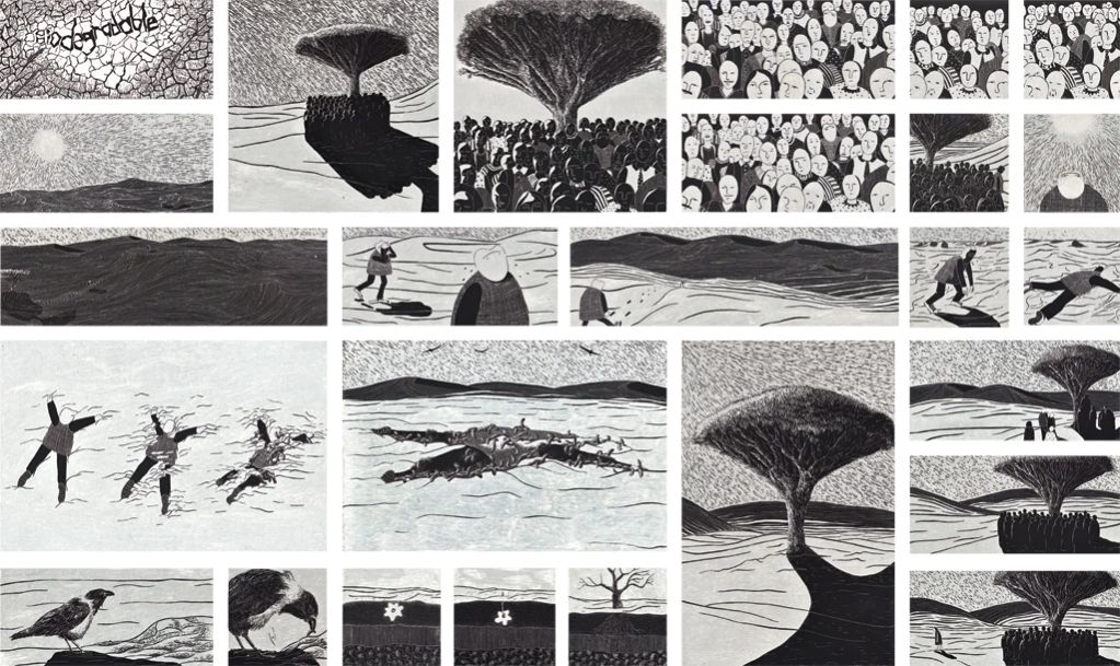 Black and white graphic novel panels depicting a crowd, a tree, and barren landscapes.