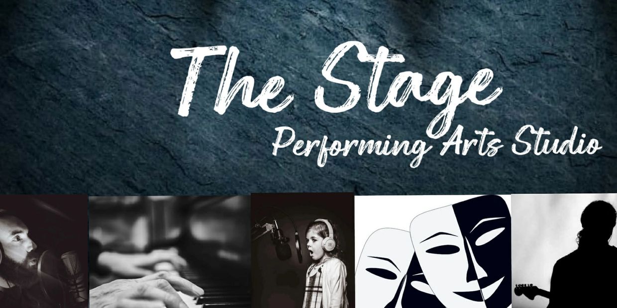 Logo for The Stage Performing Arts Studio with images of music, singing, and theater.