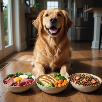Happy golden retriever with three bowls of varied healthy dog food.