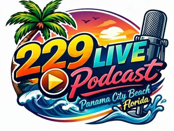 Colorful logo for 229 Live Podcast from Panama City Beach, Florida.