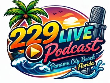 Colorful logo for 229 Live Podcast from Panama City Beach, Florida.