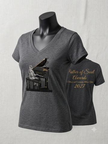Gray V-neck T-shirt featuring a pianist graphic on the front and Father of Soul Awards 2027 text on the back.