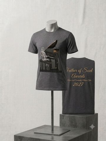 Dark gray T-shirt with a piano player graphic on front and 'Father of Soul Awards 2027' text on back.