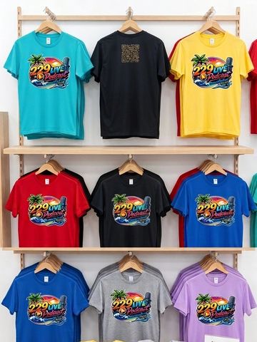Colorful 229Live Podcast t-shirts displayed on wooden hangers.