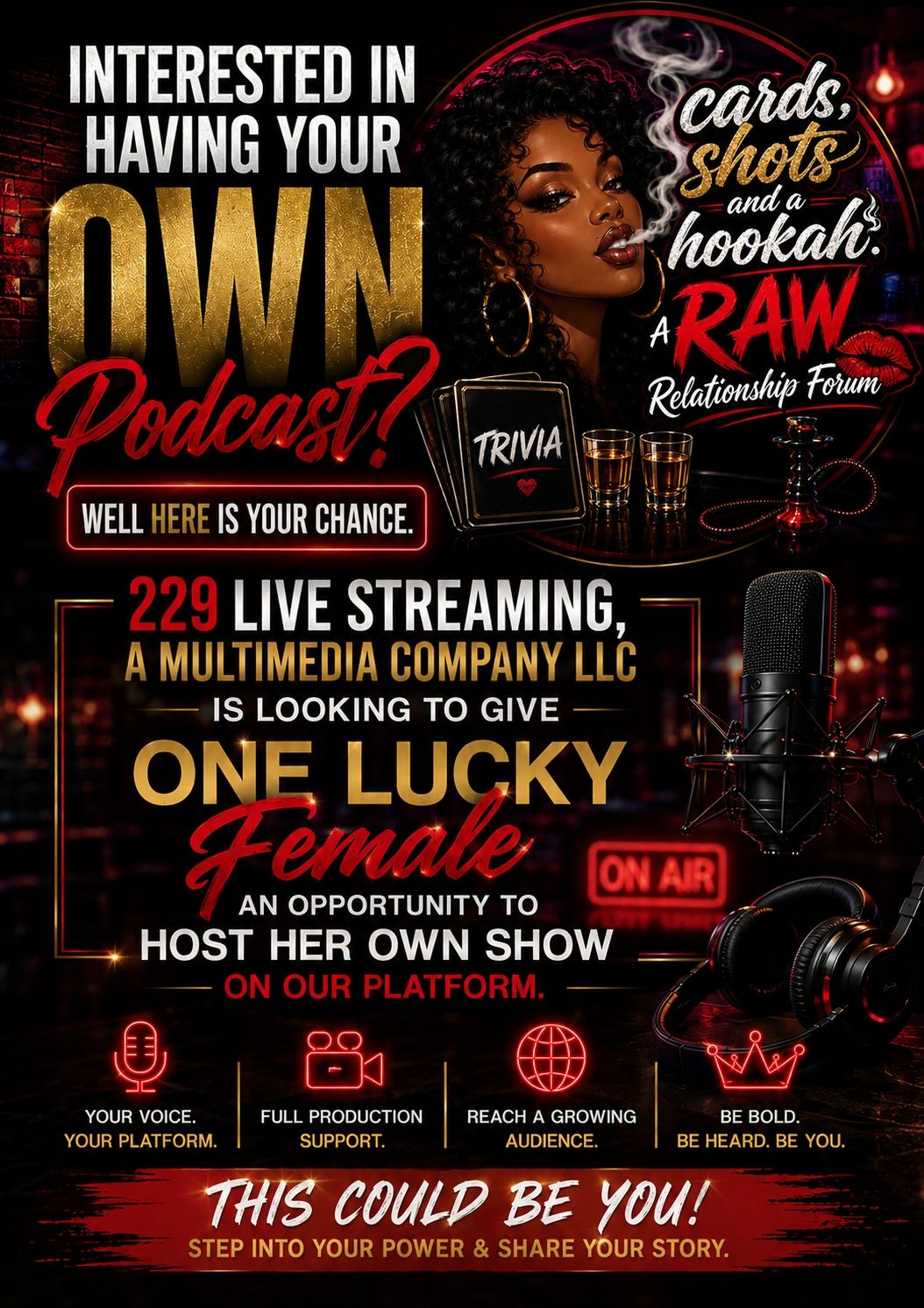 Podcast opportunity for a female host with live streaming, full support, and a growing audience.