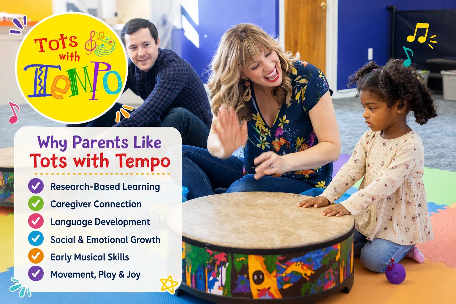 Parents and child enjoying music with Tots with Tempo, fostering learning and connection.