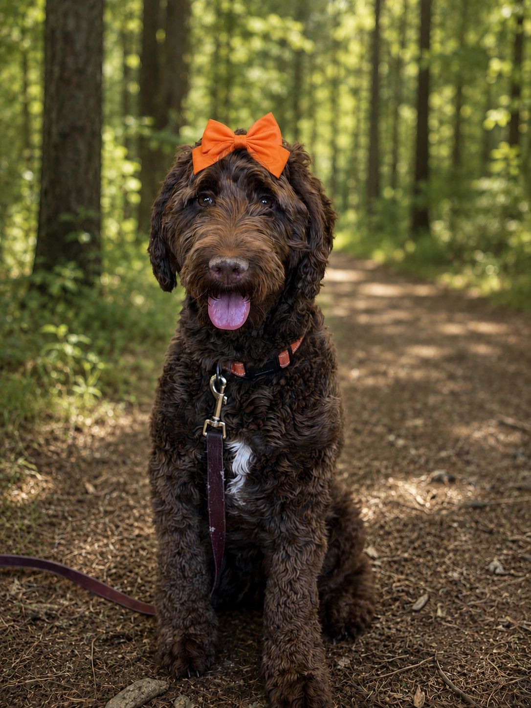 A happy brown dog with a bright orange bow sitting in a forest.