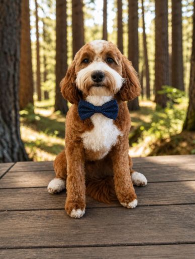 Dog wearing a blue bow tie sitting on wooden deck in forest.