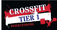 CrossFit Tier 1 logo with a bold red and black paint splatter design.