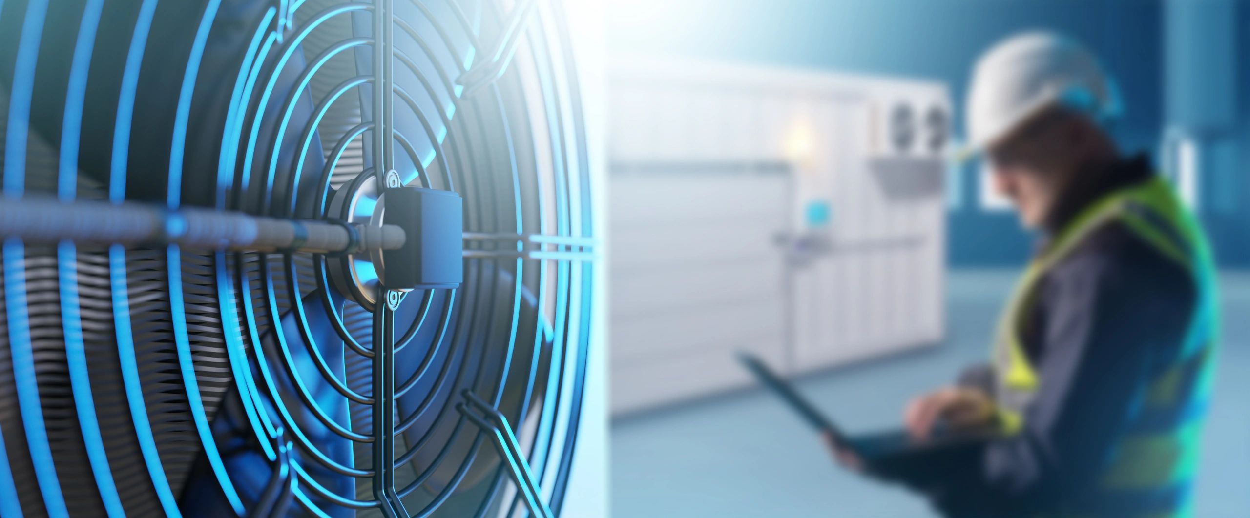 Close-up of industrial fan with technician in safety gear using a laptop in the background.