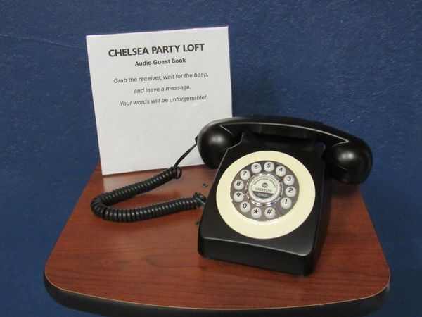 A retro audio guestbook phone station at Chelsea Party Loft in Chelsea, Michigan.