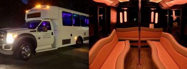 The interior and exterior of our shuttle partner, Bus a Move LLC