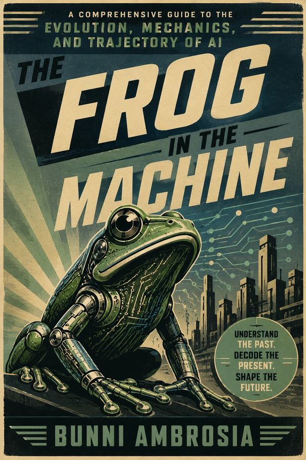 The Frog in the Machine cover: mechanical frog, retro propaganda poster style