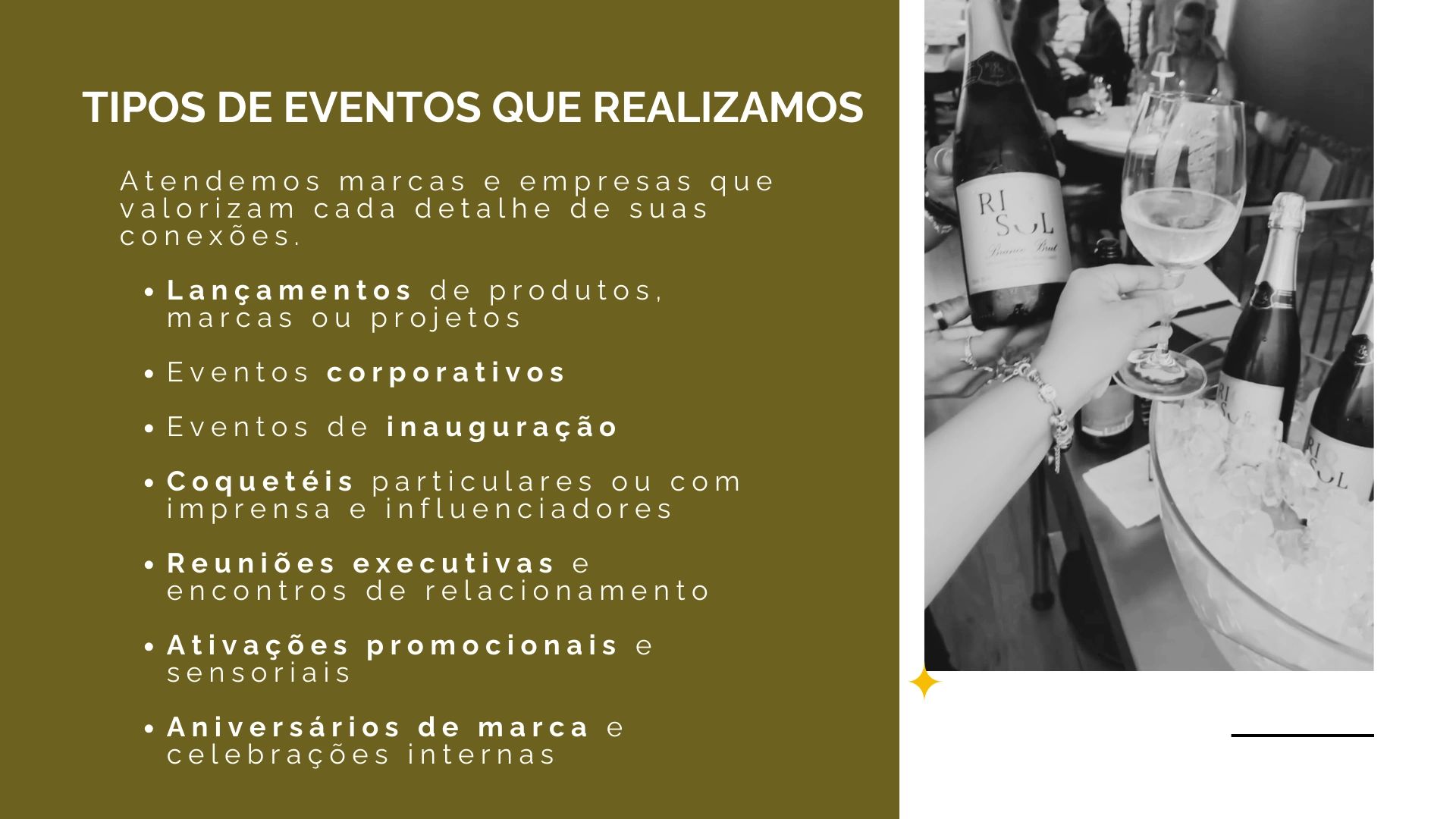 Lista de tipos de eventos corporativos e sociais oferecidos, com imagem de taças e garrafas de vinho.