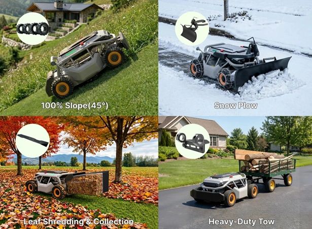 Versatile robotic vehicle handling slopes, snow, leaf shredding, and towing.