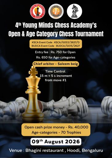 4th Young Minds Chess Tournament announcement with prize details and venue.