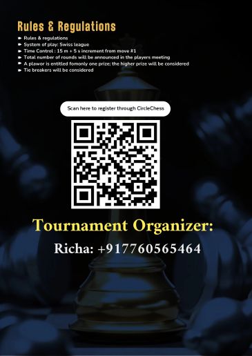 Chess tournament rules and registration QR code.