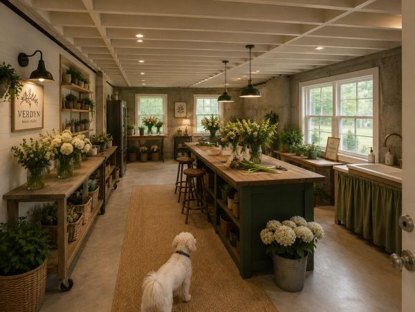 Flower studio with bouquet arrangements and a poodle dog