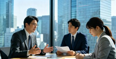 Three professionals in a business meeting discussing documents in a modern office.