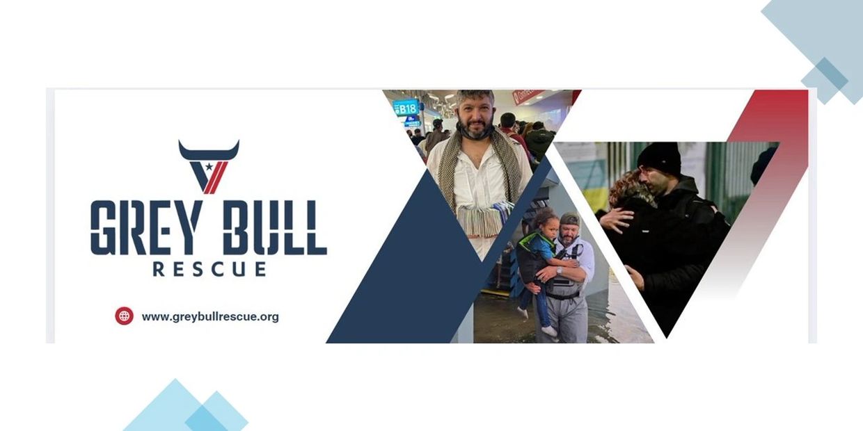 Grey Bull Rescue logo with images of people helping and comforting others in distress.